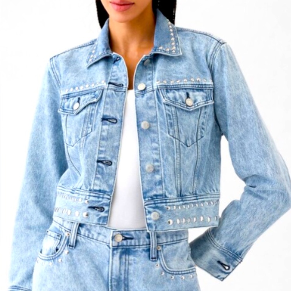 Gap 100% Cotton Cropped Studded Jean Jacket Small Blue Moto Biker Denim